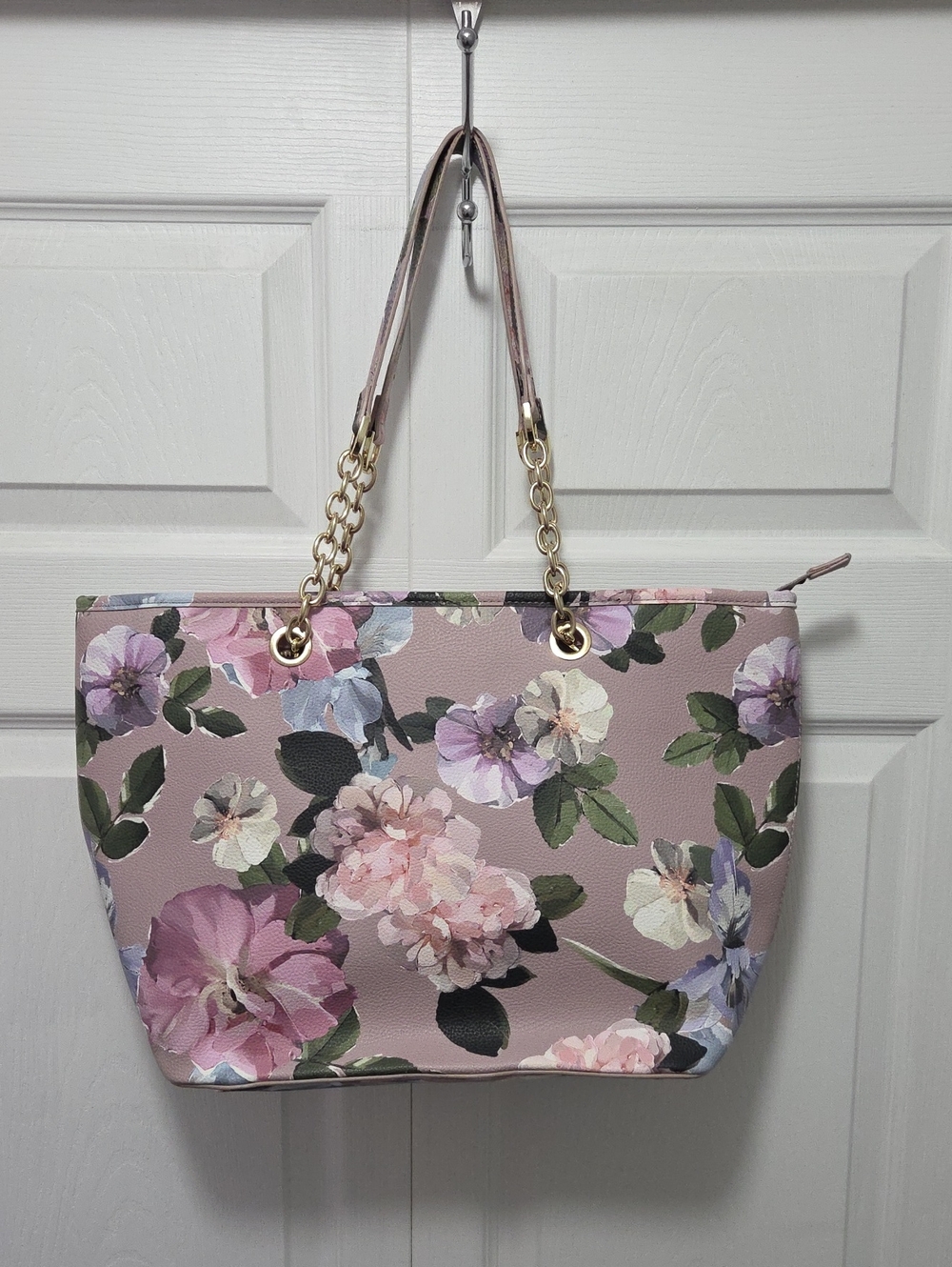 Indigo Pink Floral Tote with Gold Chain Handles